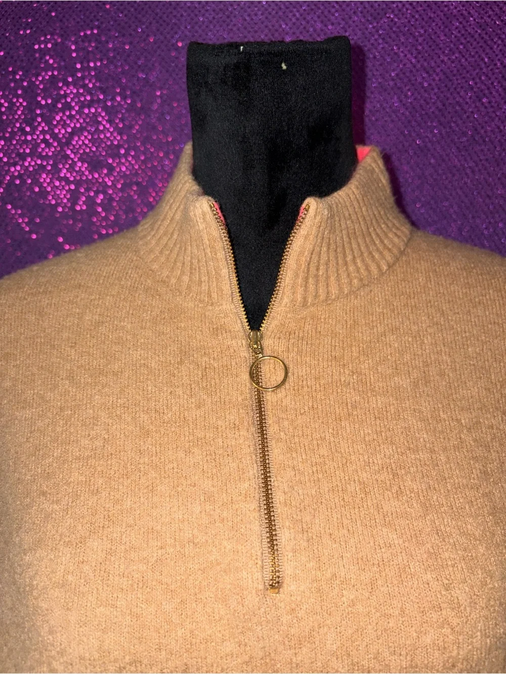 🆕💜J.Crew Colorblock Half Zip Sweater Women’s XL Camel Ivory Mock Neck Wool Blend